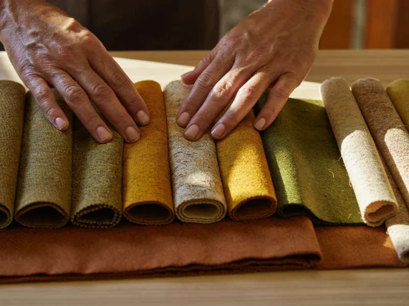 Ruce procházejí složené vzorníky látek v hořčičné, hlinité, olivové a krémové barvě